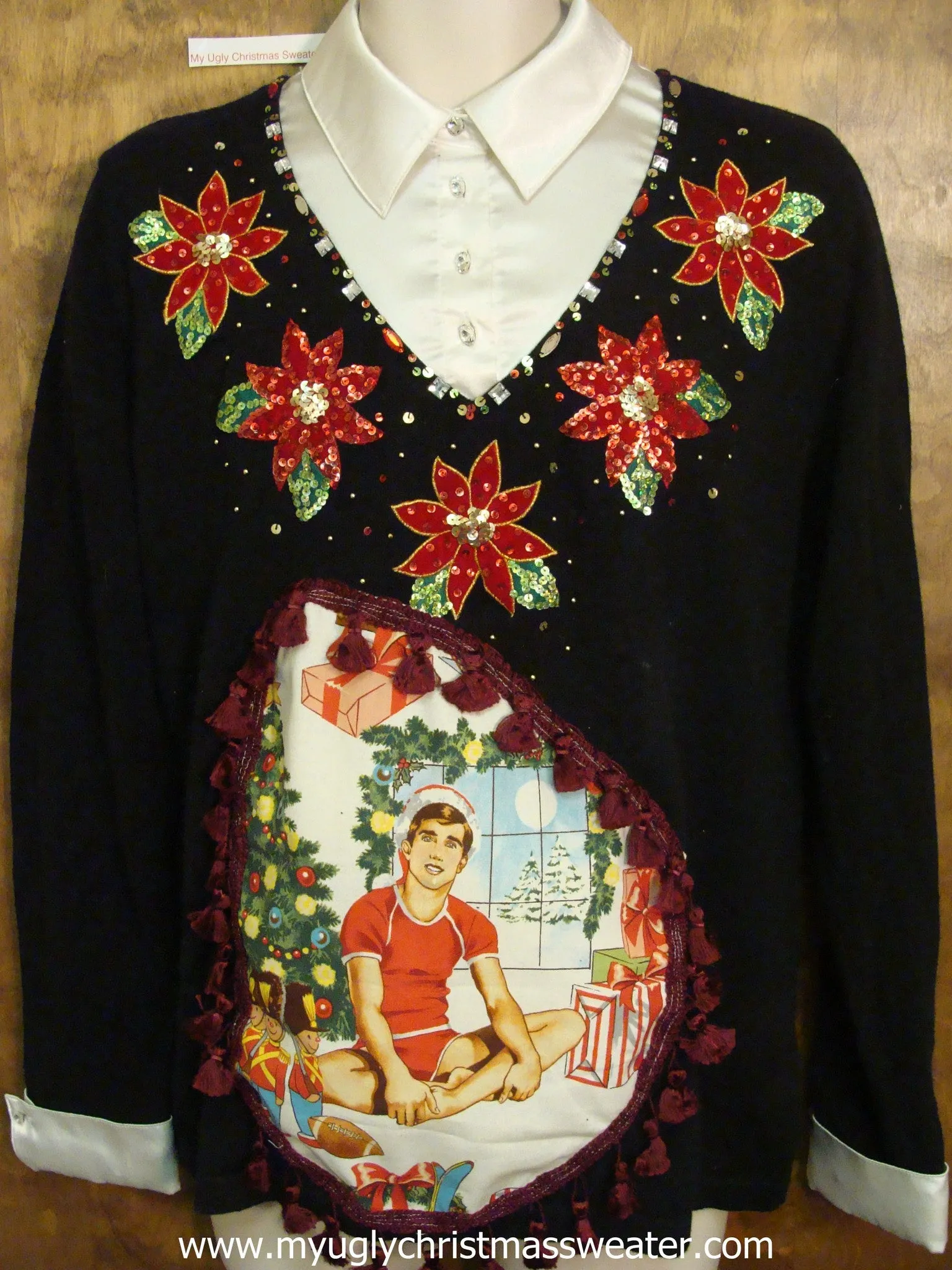 Amazing Bling Hottie Guy Ugly Christmas Sweater with Poinsettias
