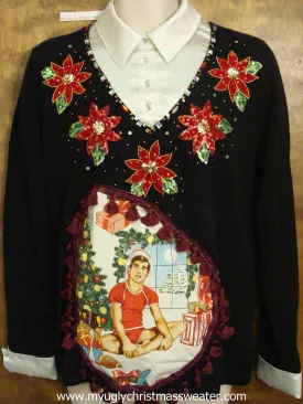 Amazing Bling Hottie Guy Ugly Christmas Sweater with Poinsettias