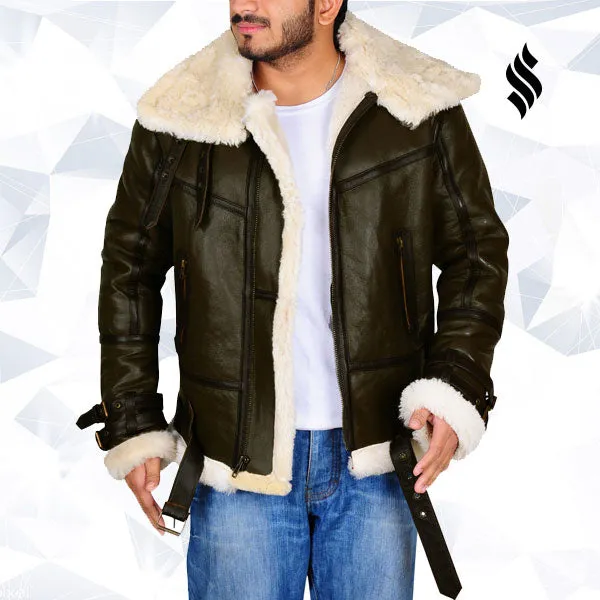 Army Green Men B3 Bomber Shearling Leather Jacket