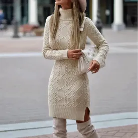 Autumn Winter Mini Slim fit Twist thick knitted Turtleneck sweater dress