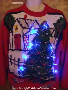 Barn and Festive Tree 80s Tacky Xmas Sweater with Lights