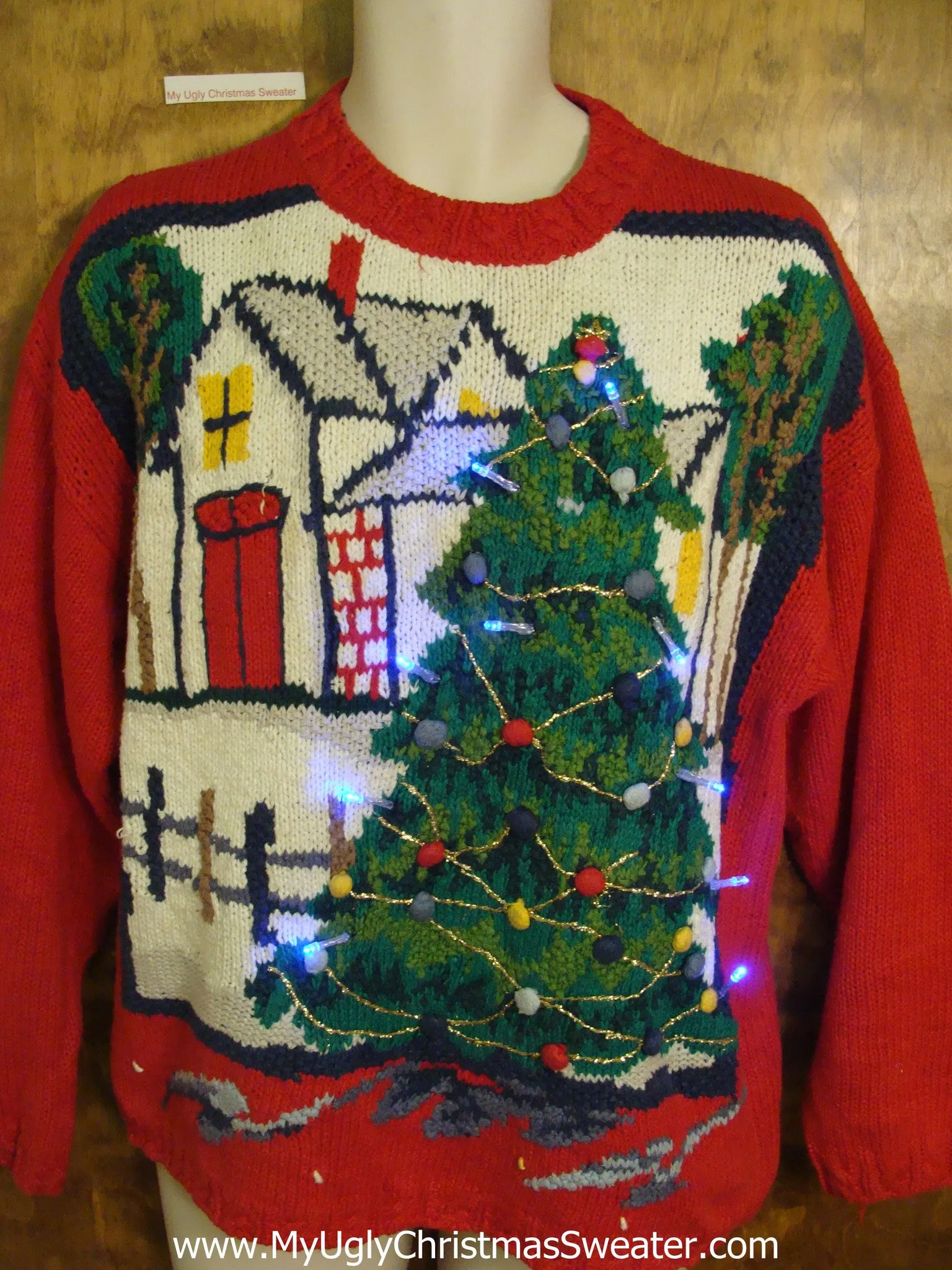 Barn and Festive Tree 80s Tacky Xmas Sweater with Lights