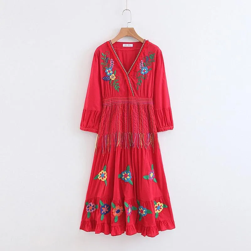 Boho Gypsy Floral Embroidery V Neck Maxi Dress