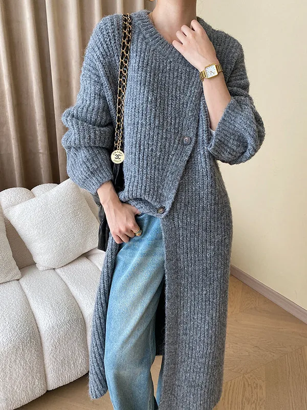 Buttoned Solid Color Long Sleeves Loose Round-Neck Knitwear Cardigan Coats