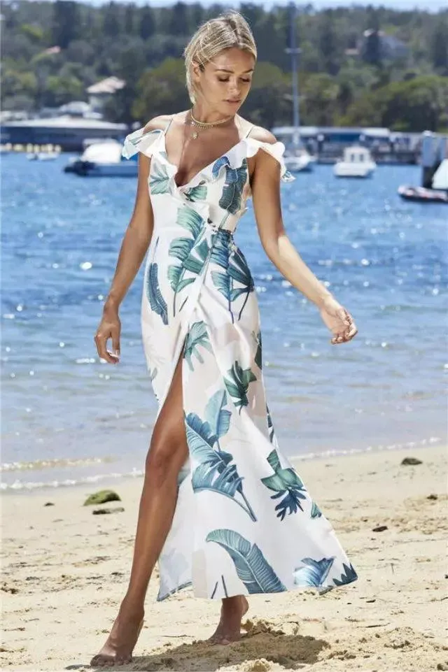 Floral Spaghetti Strap Side Slit Beach Dress