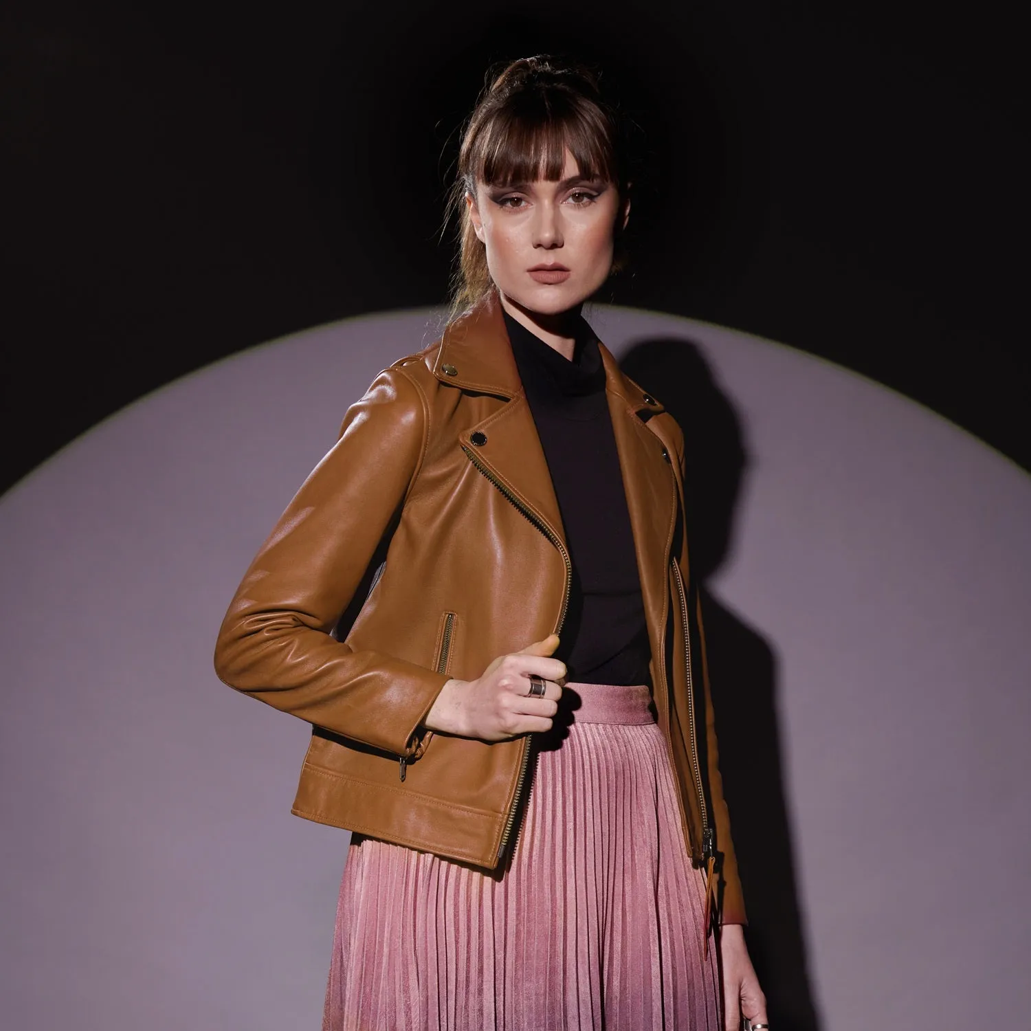 Full Sleeves Biker Jacket in Tan Genuine Leather