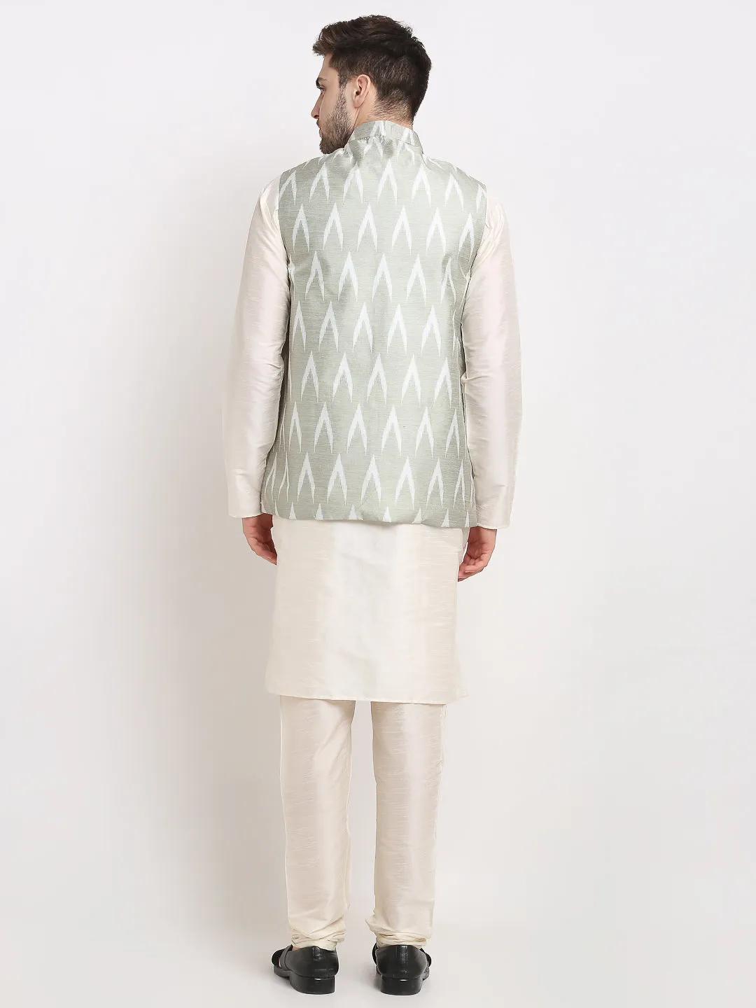 Men's Ikat Print Nehru Jacket & Kurta Pyjama ( JOKPWC W-D 4030Grey ) - Virat Fashions