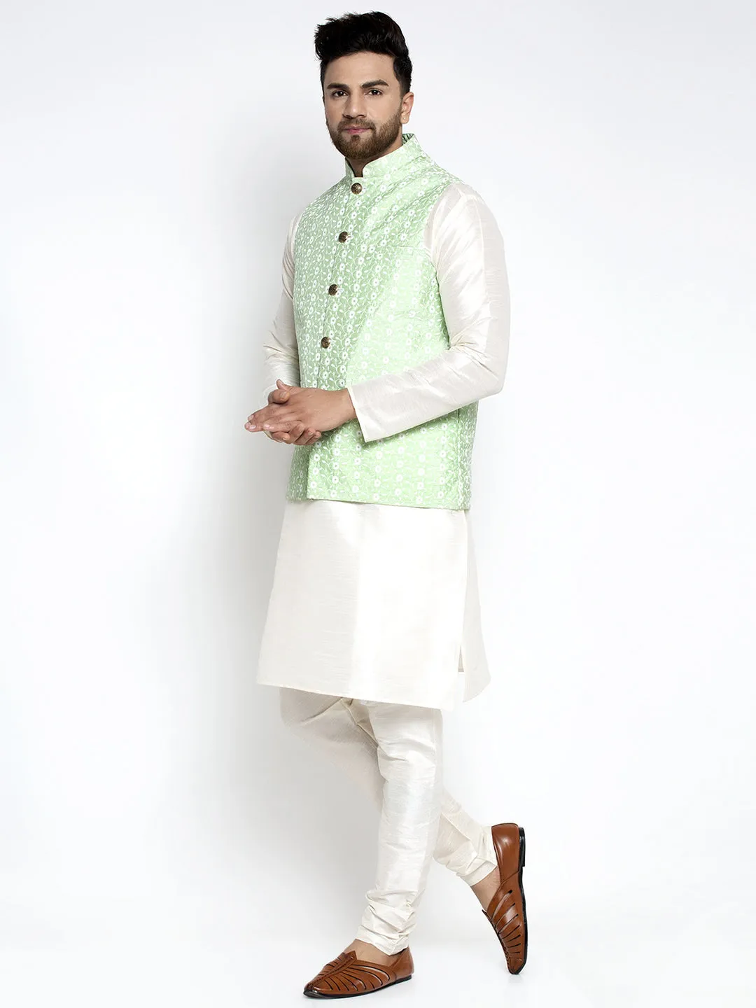 Men's Solid White Dupion Kurta Payjama with Embroidered Waistcoat ( JOKPWC OW-D 4023 Green ) - Virat Fashions