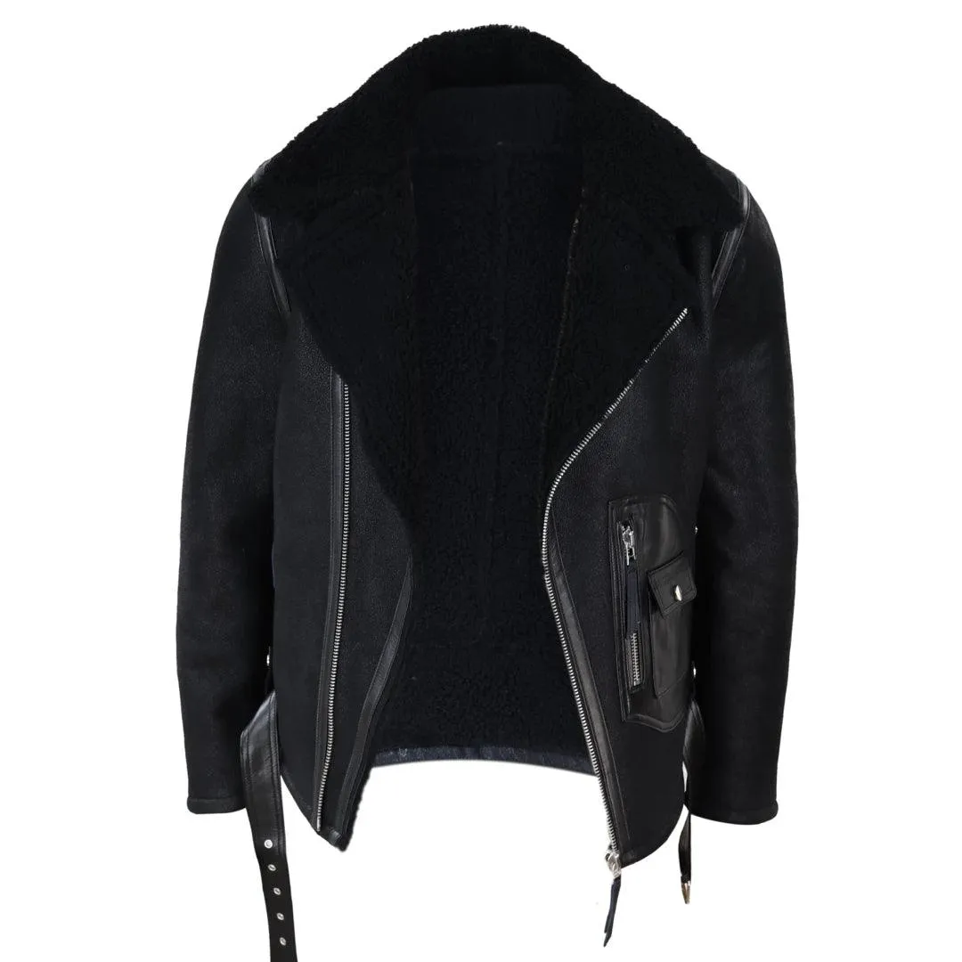 Mens Vintage Real Sheepskin Cross Zip Flying Jacket Pilot Flight Belt Fit Brando