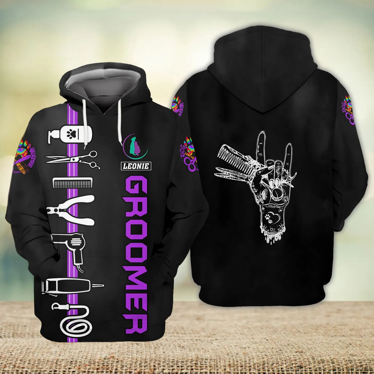 Purple Dog Groomer Personalized Name Dog Groomer Tool 3D Sweatshirt Hoodie, Uniform Salon Pet Groomer