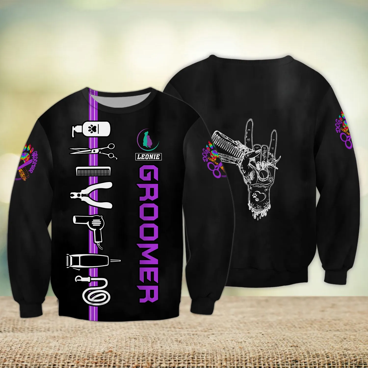 Purple Dog Groomer Personalized Name Dog Groomer Tool 3D Sweatshirt Hoodie, Uniform Salon Pet Groomer