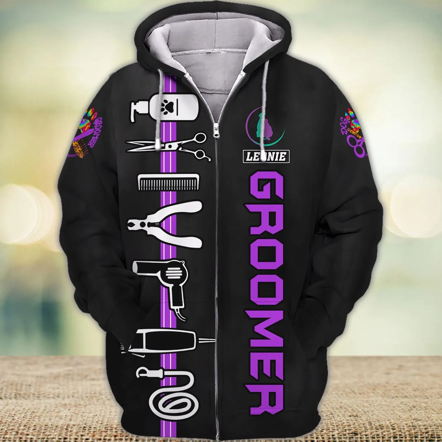 Purple Dog Groomer Personalized Name Dog Groomer Tool 3D Sweatshirt Hoodie, Uniform Salon Pet Groomer