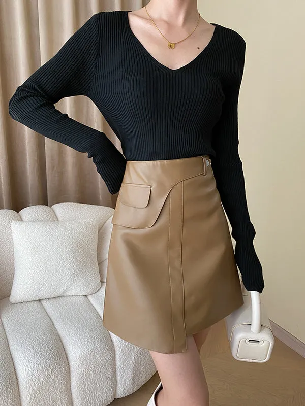 Solid Color Long Sleeves Skinny V-Neck Sweater Pullovers Knitwear
