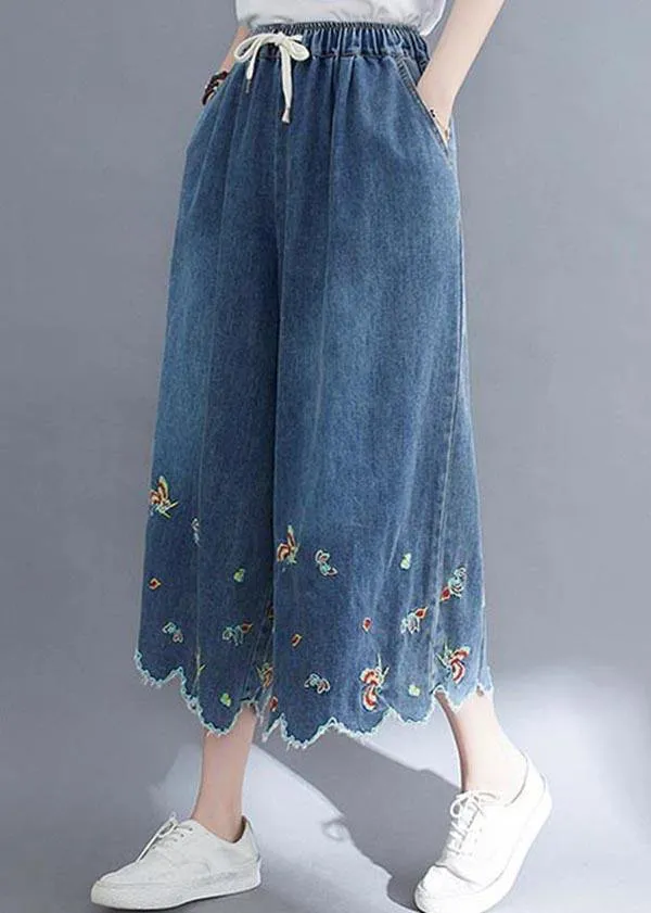 Style Blue Embroideried Crop Wide Leg Summer Pants