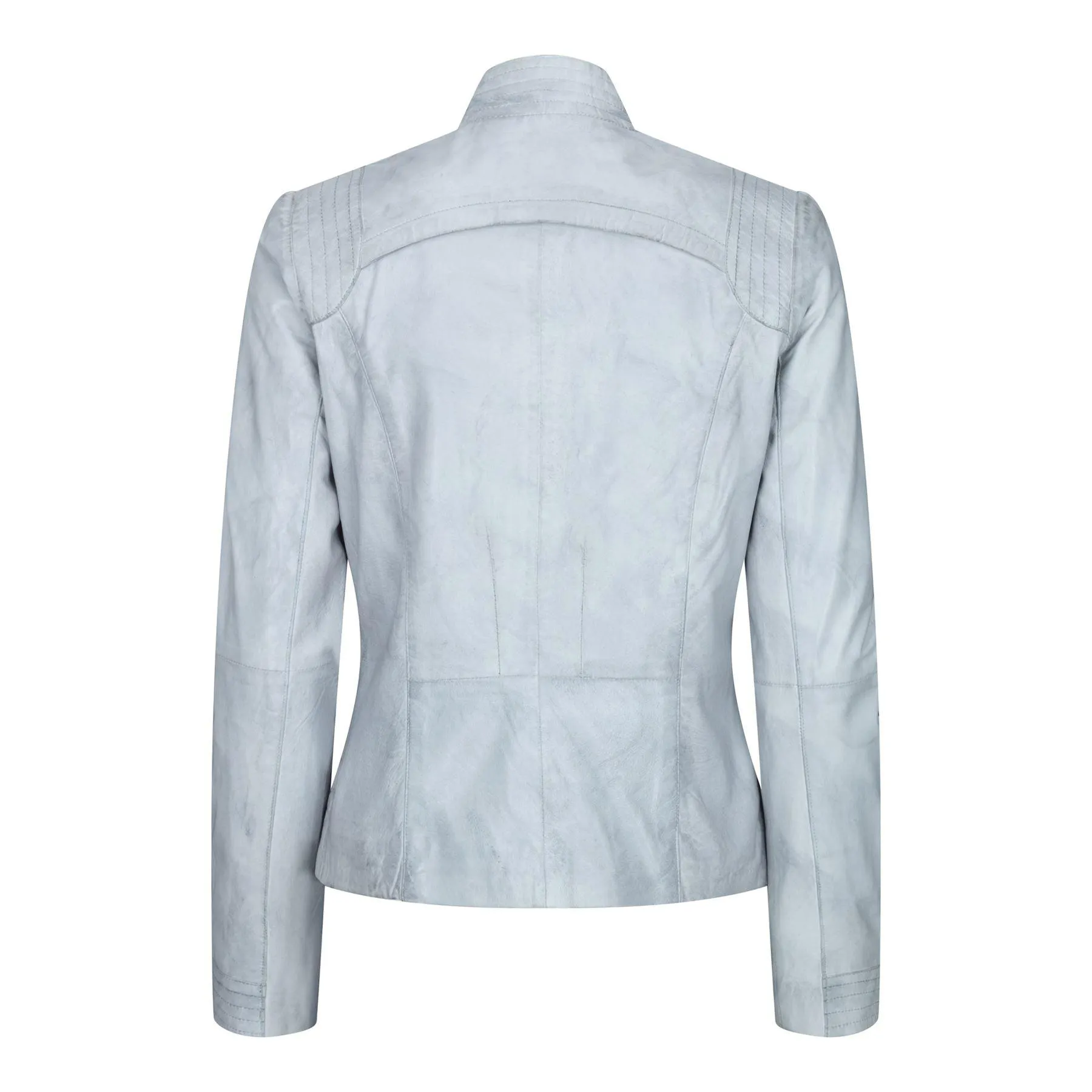 Womens Nehru Collar Real Leather Jacket Biker Perforated Oriental Japanese Retro Fitted