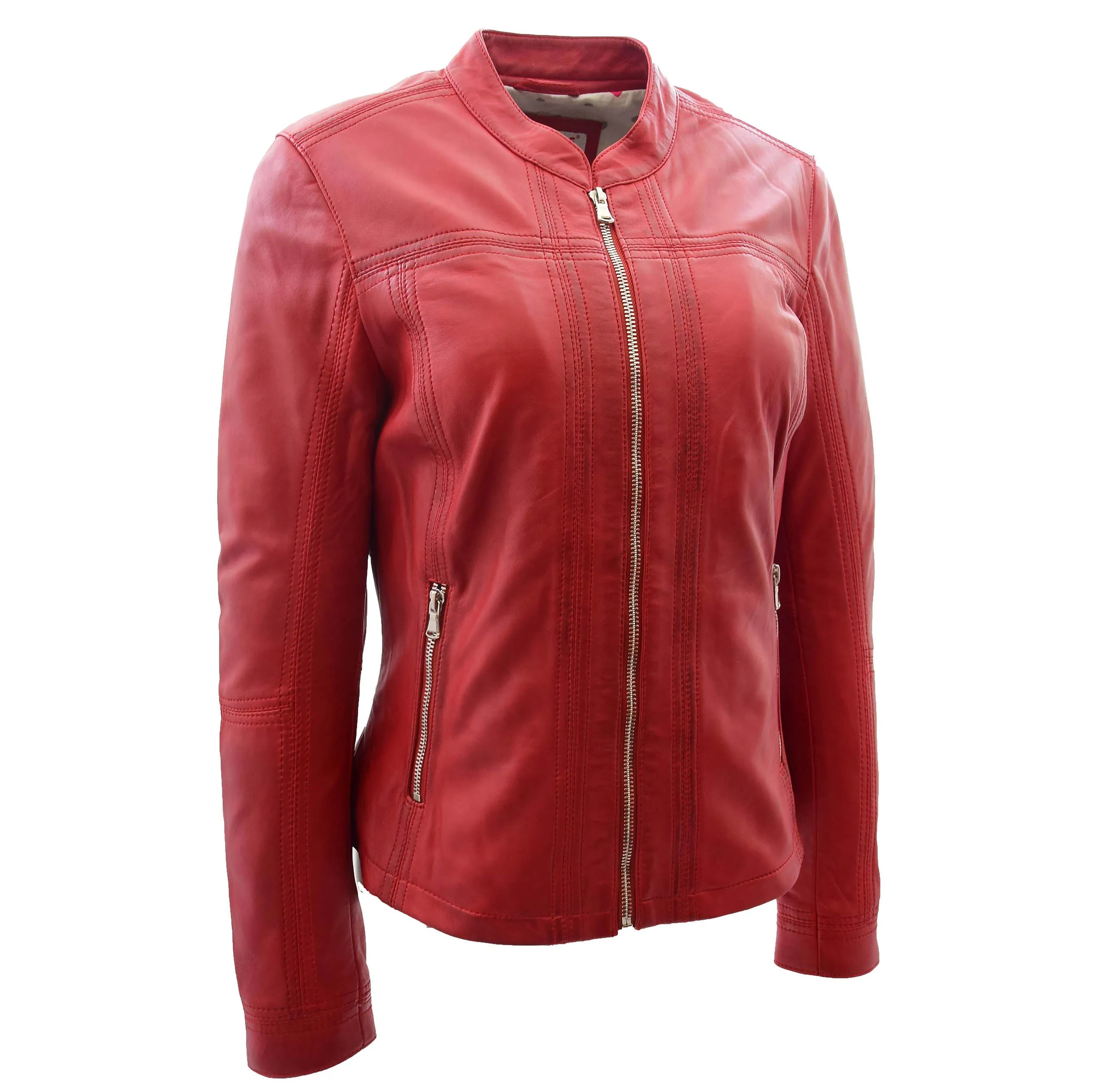 Womens Soft Leather Biker Jacket Fitted Zip Fasten Band Collar Casual Style Mia Red