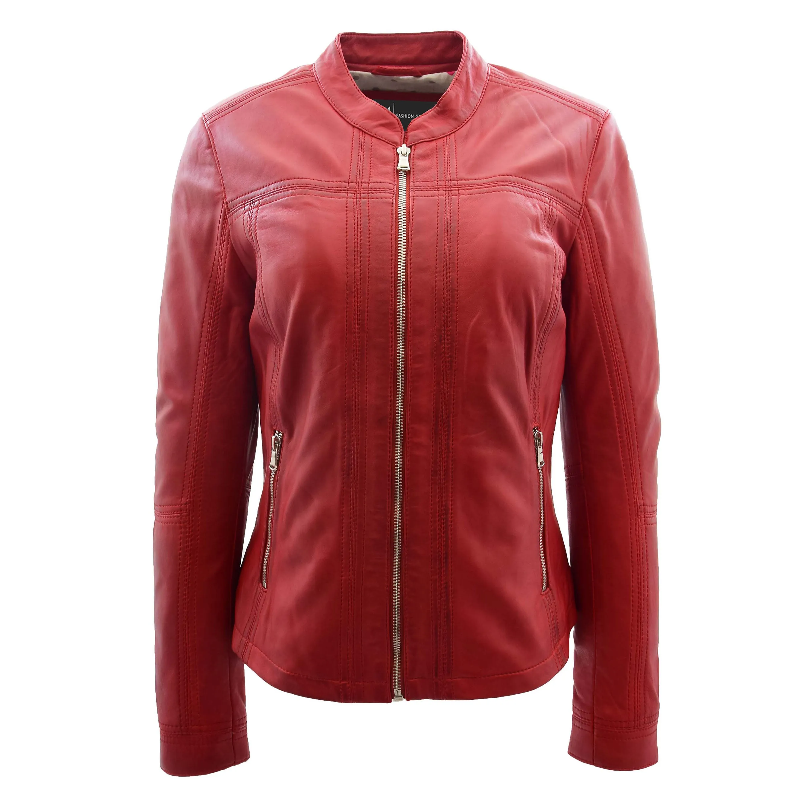 Womens Soft Leather Biker Jacket Fitted Zip Fasten Band Collar Casual Style Mia Red
